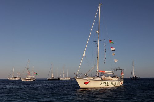 Sailing boats, part of the Global Sumud Flotilla aiming to reach Gaza and break Israel's naval blockade, sail off Koufonisi islet, Greece