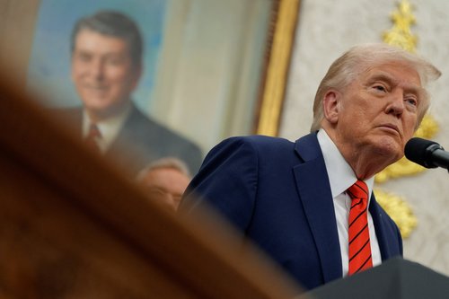 U.S. President Donald Trump looks on during an announcement about lowering U.S. drug prices, at the White House in Washington, D.C., U.S., October 10, 2025. REUTERS/Kent Nishimura