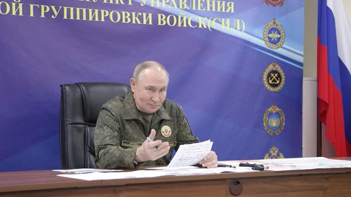Russian President Vladimir Putin speaks, as he visits the army command centre in the course of the Russia-Ukraine conflict, in an unidentified location