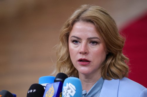 FILE PHOTO: Latvia's prime minister, Evika Silina, attends the Euro Summit in Brussels, Belgium, October 23, 2025. REUTERS/Yves Herman/File Photo