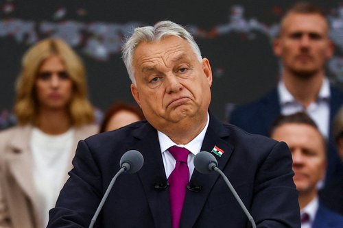 Hungarian Prime Minister Viktor Orban reacts as he delivers a speech to mark the 69th anniversary of the Hungarian Uprising of 1956, in Budapest, Hungary, October 23, 2025. REUTERS/Bernadett Szabo