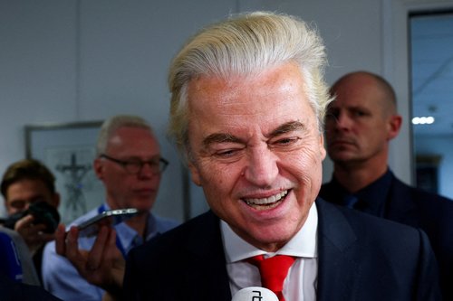 Party for Freedom (PVV) leader Geert Wilders reacts as he speaks to members of the media at the Dutch Parliament TPX IMAGES OF THE DAY