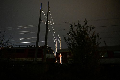 A view shows the scene of a collision between two trains in the town of Pezinok, Slovakia, November 9, 2025. REUTERS/Radovan Stoklasa