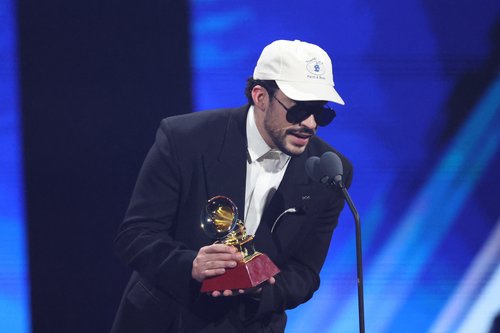 Bad Bunny accepts the award for Album of The Year award for "Debi tirar mas fotos" at the 26th Annual Latin Grammy Awards in Las Vegas, Nevada, U.S., November 13, 2025.