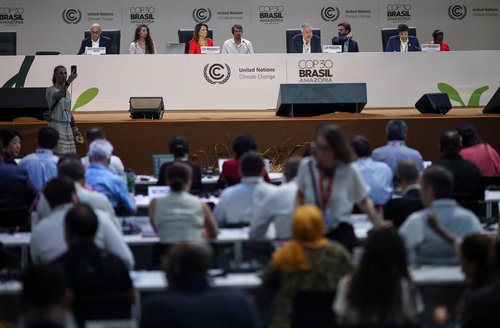 Brazil's COP30 President Andre Correa do Lago and Executive Director Ana Toni attend a plenary session during the UN Climate Change Conference (COP30), in Belem, Brazil, November 21, 2025. REUTERS/Adriano Machado