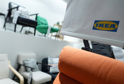 The logo for Ikea is displayed in an Ikea store in Stockholm, Sweden, October 15, 2025.