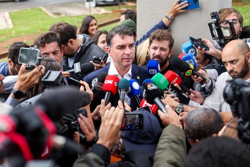 Senator Flavio Bolsonaro, Brazil's former President Jair Bolsonaro's son, speaks to the members of the media