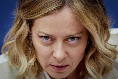 Giorgia Meloni attends her end-of-year press conference in Rome, Italy, January 9, 2025. REUTERS/Remo Casilli