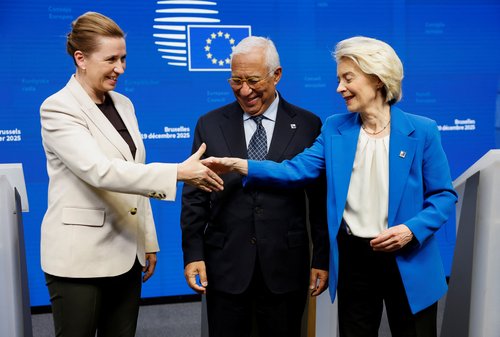 Denmark's Prime Minister Mette Frederiksen, European Council President Antonio Costa and European Commission President Ursula von der Leyen hold a press conference during a European Union leaders' summit, in Brussels