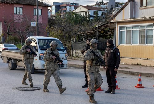 Turkish gendarmerie special forces team leaves the site where Turkish security forces launched an operation on a house believed to contain suspected Islamic State militants