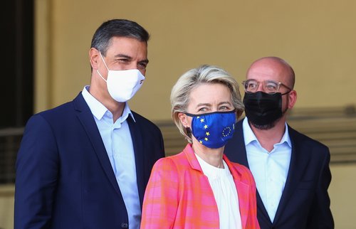 Von der Leyen, President of the EU Council Michel, and Spain's PM Sanchez attend a news conference, in Torrejon de Ardoz