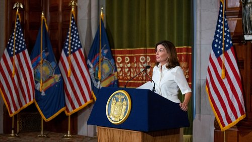 New York Governor Kathy Hochul speaks to the media after a swearing-in ceremony at the New York State Capitol, in Albany, New York