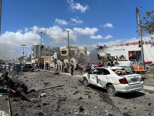 A general view shows the scene of an explosion in the Hamarweyne district of Mogadishu
