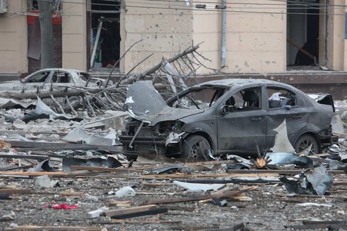 A view shows the damaged regional administration building in Kharkiv