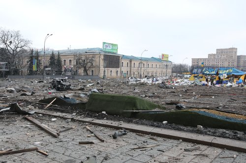 A view shows the damaged regional administration building in Kharkiv