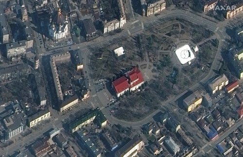 A satellite image shows Mariupol Drama Theatre before bombing