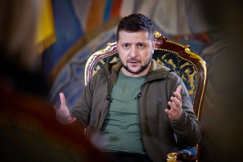 Ukraine's President Volodymyr Zelenskiy attends an interview with the media in Kyiv