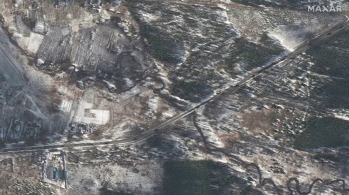 A satellite image shows trucks and equipment in convoy in the southeast of Ivankiv