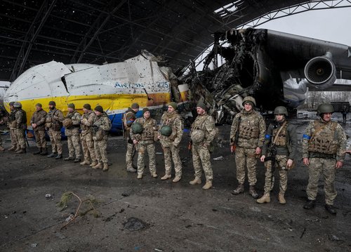 An Antonov An-225 Mriya cargo plane, the world's biggest aircraft, destroyed by Russian troops is seen at an airfield in the settlement of Hostomel