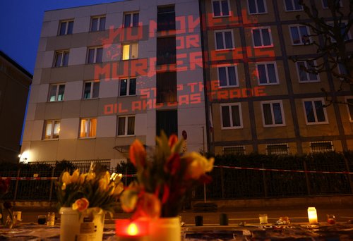 Pictures from Ukrainian village of Bucha are projected on the general consulate building wall of the Russian Federation in Frankfurt