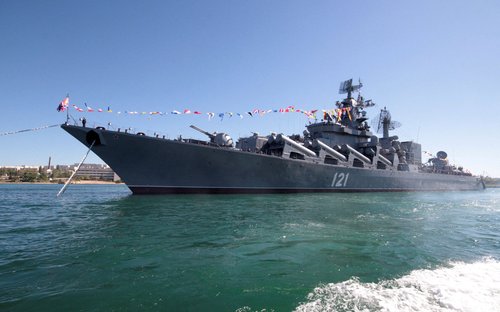 FILE PHOTO: Russian missile cruiser Moskva is moored in the Ukrainian Black Sea port of Sevastopol