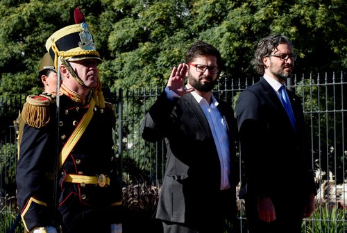 FILE PHOTO: Chile's president, Gabriel Boric, on first official visit abroad, in Buenos Aires