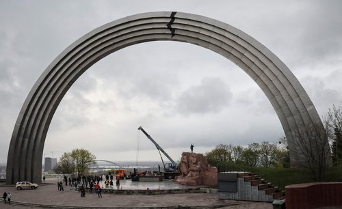 FILE PHOTO: A Soviet monument to a friendship between Ukrainian and Russian nations is seen after its demolition in central Kyiv