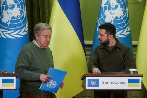 UN Secretary-General Guterres and Ukraine's President Zelenskiy attend a joint news conference, in Kyiv