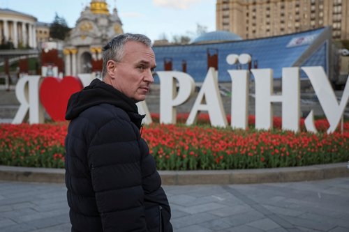 Former Gazprombank Vice President Volobuev, who fled Russia into Ukraine speaks during an interview with Reuters in central Kyiv
