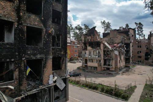 A view shows apartment buildings destroyed during Russia’s invasion of Ukraine in Irpin