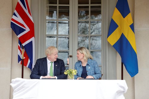 British Prime Minister Boris Johnson and Sweden's Prime Minister Magdalena Andersson meet in Harpsund
