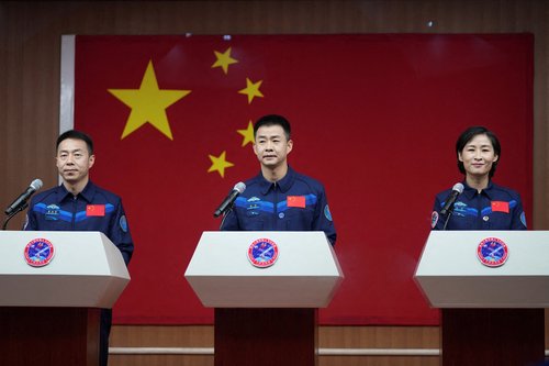 Chinese astronauts Chen Dong, Liu Yang and Cai Xuzhe attend a news conference before the Shenzhou-14 spaceflight mission, at Jiuquan Satellite Launch Center