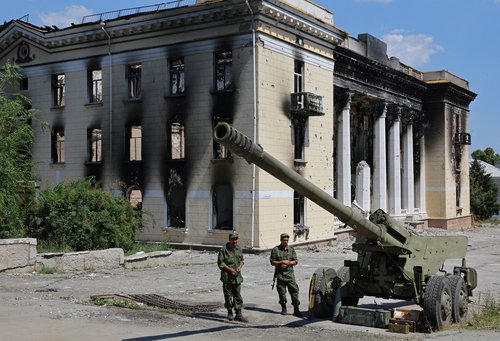 An exhibition of Ukrainian army hardware and weapons left in the city after its withdrawal from Lysychansk