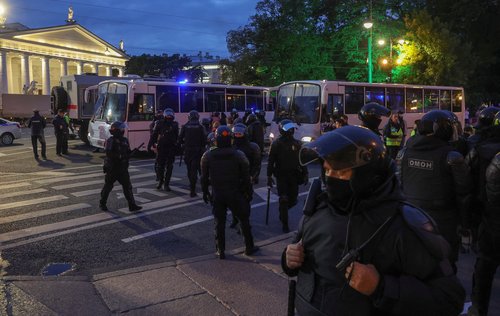 Russian law enforcement officers stand guard in Saint Petersburg