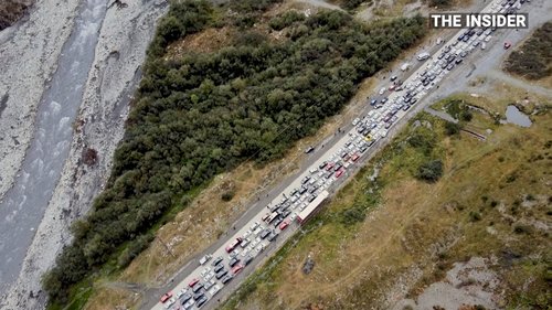 Drone footage shows long queues of vehicles on the way to exit Russia on its border with Georgia, in Verkhny Lars