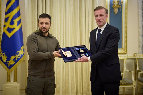 Ukraine's President Zelenskiy awards White House National Security Advisor Sullivan in Kyiv