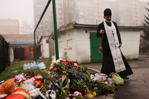 Site of a helicopter falling on civil infrastructure buildings in Brovary