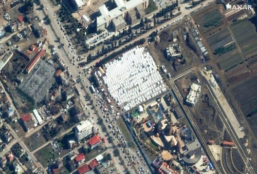 A satellite image shows emergency tents after an earthquake in Osmaniye