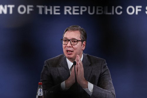 Serbian President Vucic holds a news conference in Belgrade