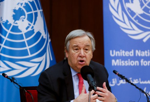 UN Secretary General Antonio Guterres holds a news conference in Baghdad