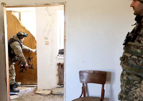 Ukrainian servicemen of the 1st Independent Tank Brigade near the frontline town of Vuhledar