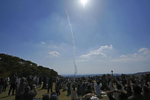 An H3 rocket carrying a land observation satellite lifts off from the launching pad at Tanegashima Space Center on the southwestern island of Tanegashima