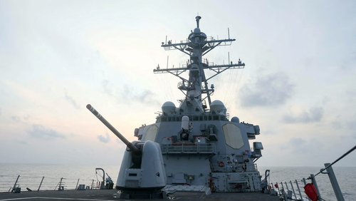 Arleigh Burke-class guided-missile destroyer USS Milius conducts underway operations, at an undisclosed location in South China Sea