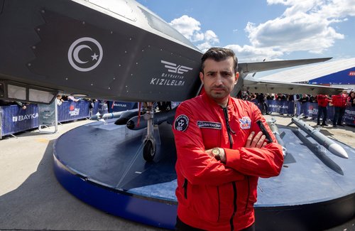 Selcuk Bayraktar, chairman of Turkish defence firm Baykar, poses at Teknofest airshow in Istanbul