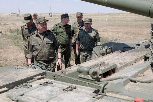Russia's Defence Minister Sergei Shoigu inspects troops in the Southern Military District