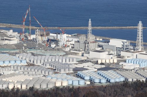 An aerial view shows the storage tanks for treated water at the tsunami-crippled Fukushima Daiichi nuclear power plant in Okuma town, Fukushima, Japan