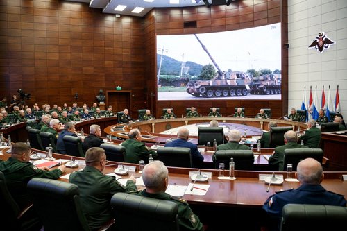 Russian Defence Minister Sergei Shoigu chairs a meeting with the leadership of the Armed Forces in Moscow