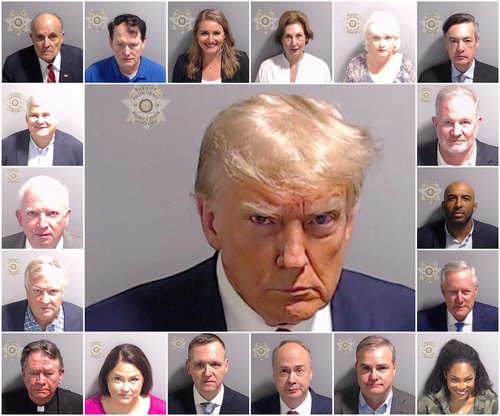 A combination picture shows police booking mugshots of former U.S. President Trump and the 18 people indicted with him