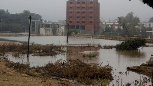General view of a flooded road as a powerful storm and heavy rainfall flooded hit Shahhat city