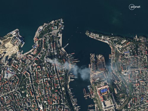 Satellite imagery shows smoke billowing from a Russian Naval HQ after Ukrainian strike